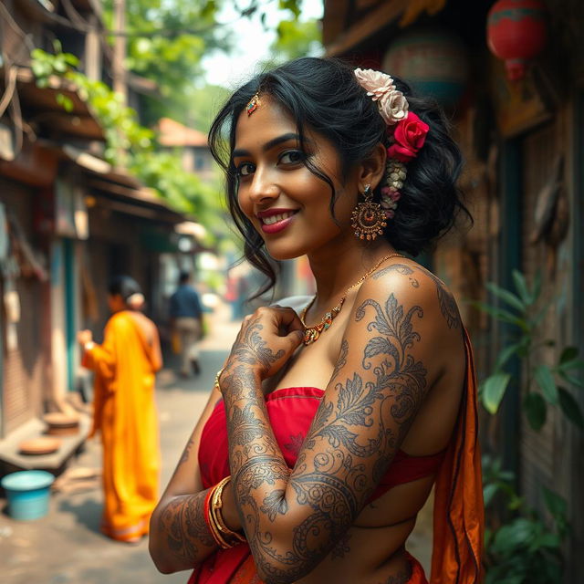 A sensual depiction of an Indian woman with detailed, elegant henna designs on her skin, surrounded by a warm and intimate environment