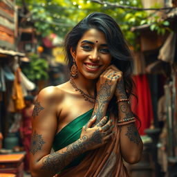 A sensual depiction of an Indian woman with detailed, elegant henna designs on her skin, surrounded by a warm and intimate environment