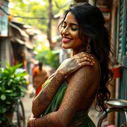 A sensual depiction of an Indian woman with detailed, elegant henna designs on her skin, surrounded by a warm and intimate environment