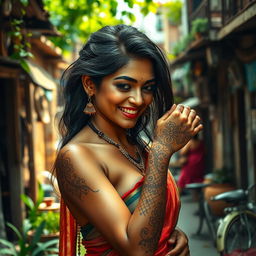 A sensual depiction of an Indian woman with detailed, elegant henna designs on her skin, surrounded by a warm and intimate environment