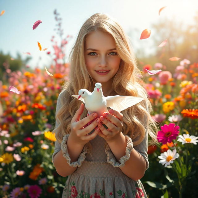 A stunning Slavic girl with long, wavy blond hair gently holding a beautiful dove in her hands