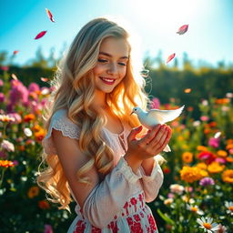 A stunning Slavic girl with long, wavy blond hair gently holding a beautiful dove in her hands