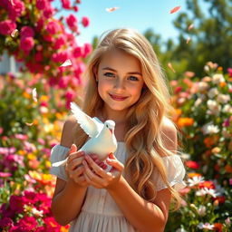 A stunning Slavic girl with long, wavy blond hair gently holding a beautiful dove in her hands