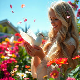 A stunning Slavic girl with long, wavy blond hair gently holding a beautiful dove in her hands