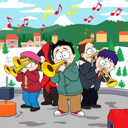 A colorful and dynamic cartoon illustration inspired by the 'South Park' style, featuring a group of characters energetically playing trombones