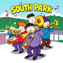 A colorful and dynamic cartoon illustration inspired by the 'South Park' style, featuring a group of characters energetically playing trombones