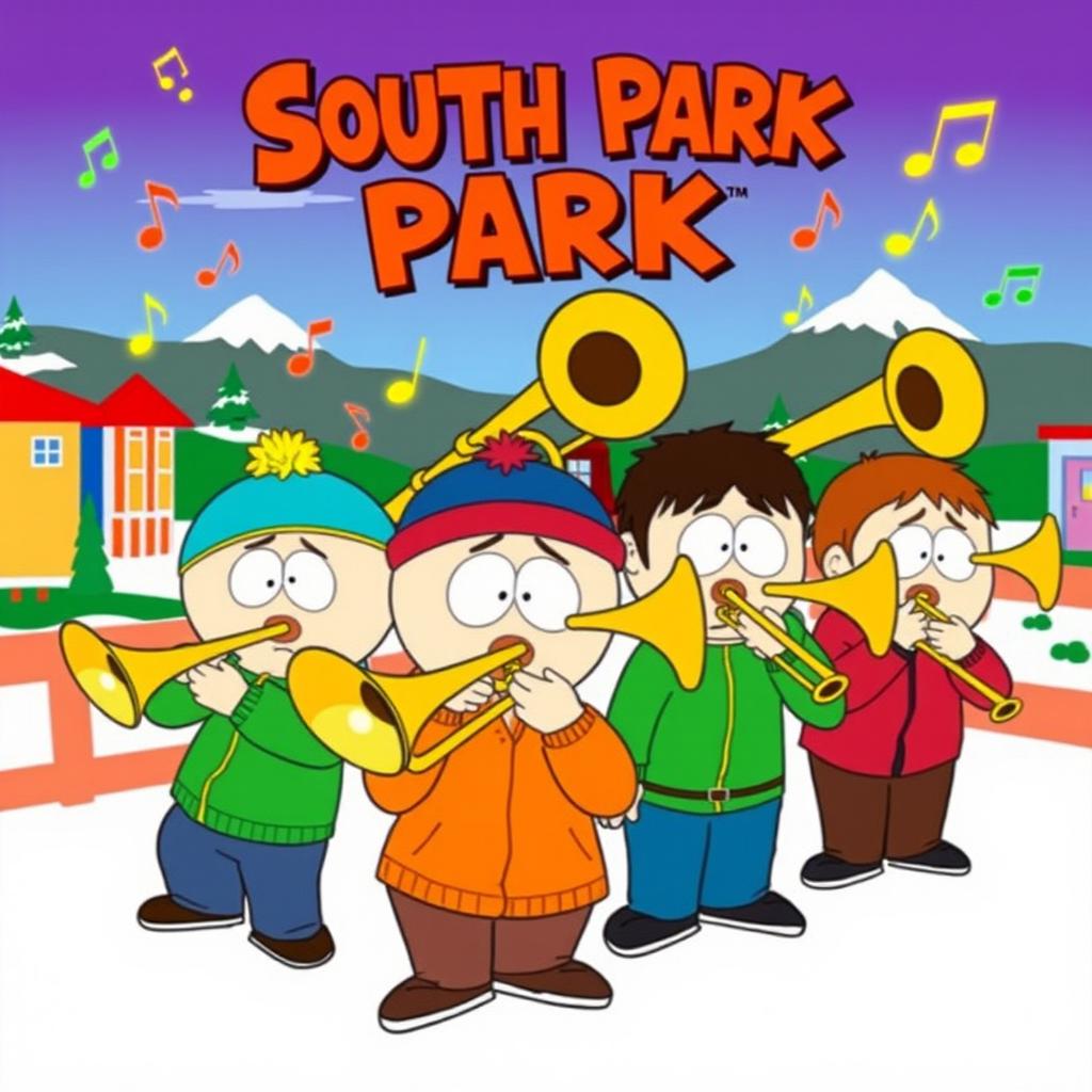 A colorful and dynamic cartoon illustration inspired by the 'South Park' style, featuring a group of characters energetically playing trombones