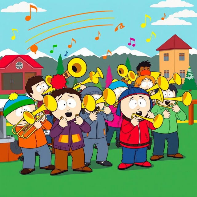 A colorful and dynamic cartoon illustration inspired by the 'South Park' style, featuring a group of characters energetically playing trombones