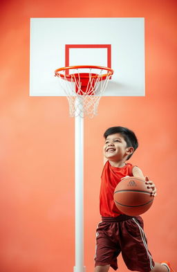 A dynamic scene featuring a young boy enthusiastically shooting a basketball towards a hoop