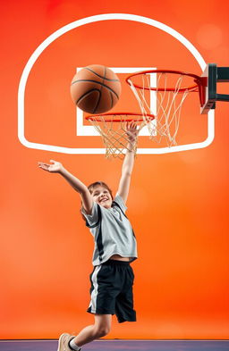 A dynamic scene featuring a young boy enthusiastically shooting a basketball towards a hoop