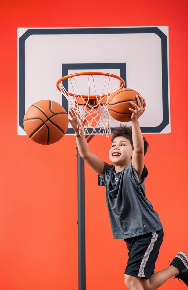 A dynamic scene featuring a young boy enthusiastically shooting a basketball towards a hoop