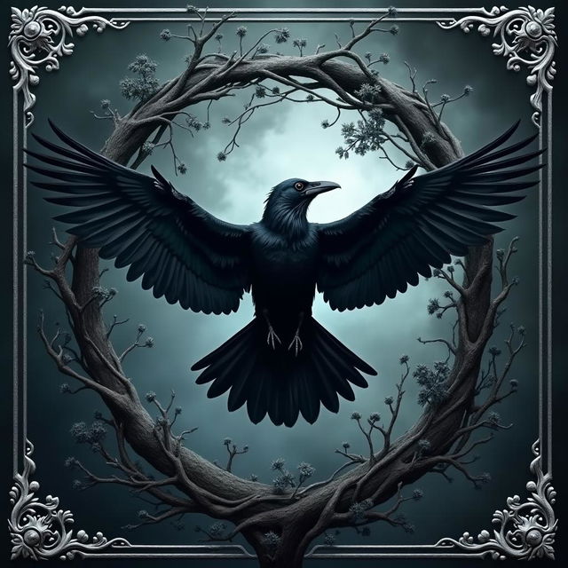 A striking image of a powerful crow in flight, its wings spread wide as it breaks through a witch's crown made of twisted branches, dark foliage, and mystical symbols