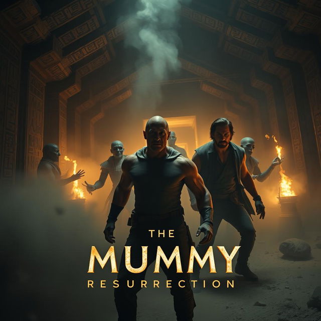 A thrilling movie trailer scene for 'The Mummy Resurrection' (2025), featuring Dwayne Johnson and Keanu Reeves as heroic characters facing off against terrifying mummies and supernatural entities in a dark and eerie setting