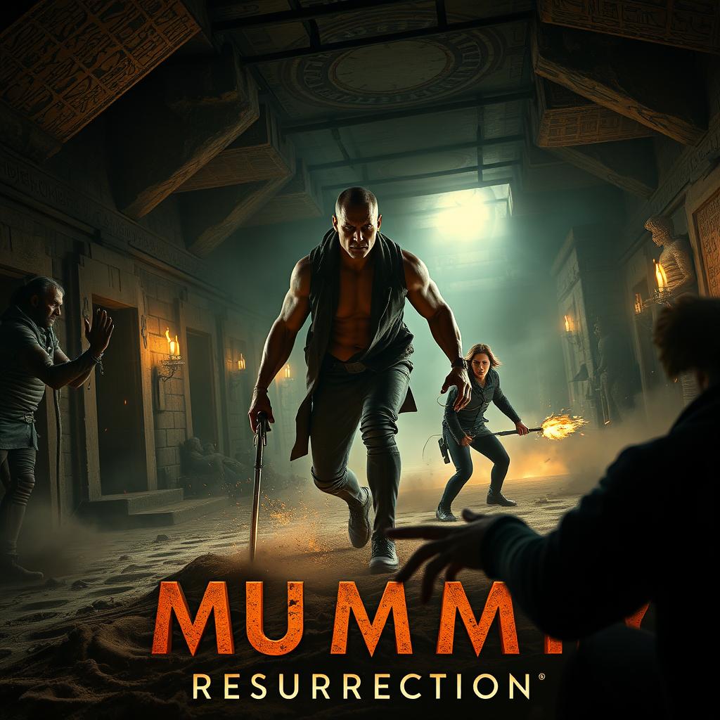 A thrilling movie trailer scene for 'The Mummy Resurrection' (2025), featuring Dwayne Johnson and Keanu Reeves as heroic characters facing off against terrifying mummies and supernatural entities in a dark and eerie setting