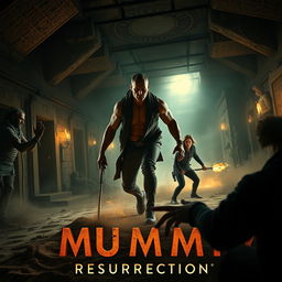 A thrilling movie trailer scene for 'The Mummy Resurrection' (2025), featuring Dwayne Johnson and Keanu Reeves as heroic characters facing off against terrifying mummies and supernatural entities in a dark and eerie setting