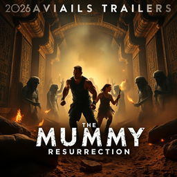 A thrilling movie trailer scene for 'The Mummy Resurrection' (2025), featuring Dwayne Johnson and Keanu Reeves as heroic characters facing off against terrifying mummies and supernatural entities in a dark and eerie setting