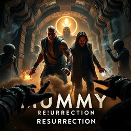 A thrilling movie trailer scene for 'The Mummy Resurrection' (2025), featuring Dwayne Johnson and Keanu Reeves as heroic characters facing off against terrifying mummies and supernatural entities in a dark and eerie setting
