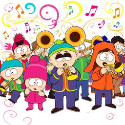 A vibrant and energetic cartoon illustration inspired by the 'South Park' style, featuring a group of characters joyously playing trombones