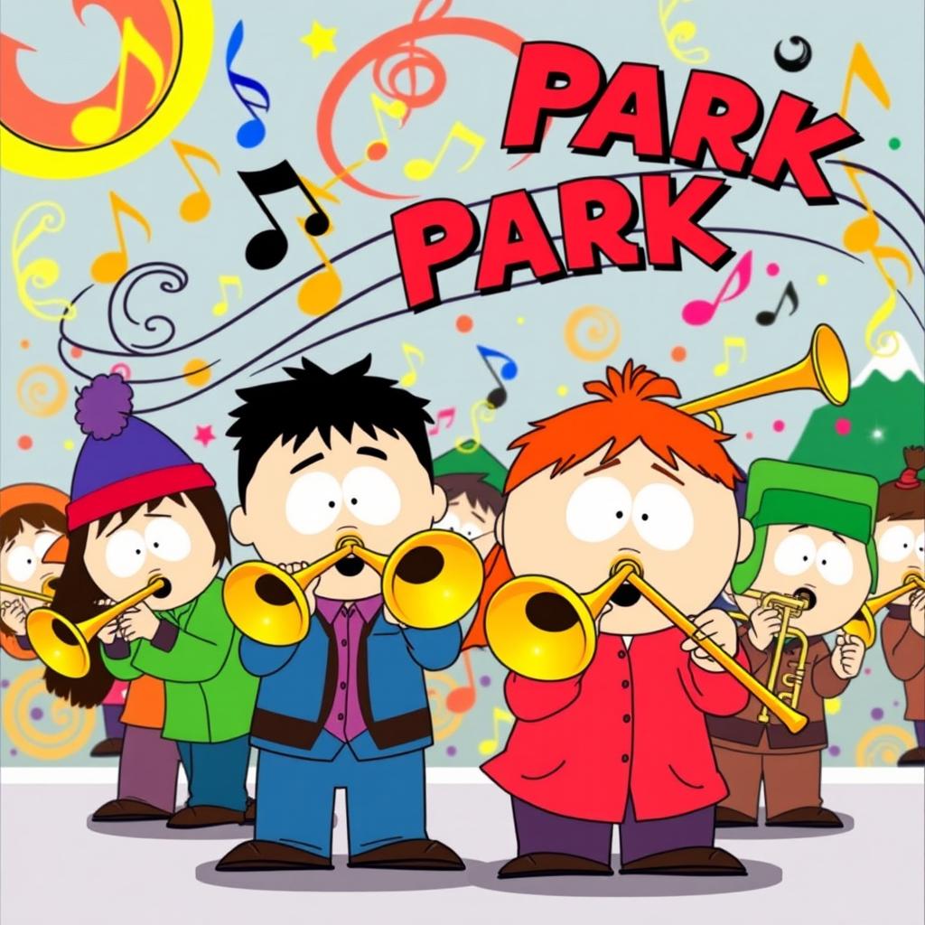 A vibrant and energetic cartoon illustration inspired by the 'South Park' style, featuring a group of characters joyously playing trombones