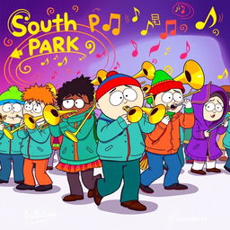 A vibrant and energetic cartoon illustration inspired by the 'South Park' style, featuring a group of characters joyously playing trombones