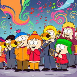 A vibrant and energetic cartoon illustration inspired by the 'South Park' style, featuring a group of characters joyously playing trombones