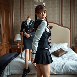 An ultra-realistic full-body portrait of a European schoolgirl with brown hair styled in braids, adorned with white bows, and striking green eyes