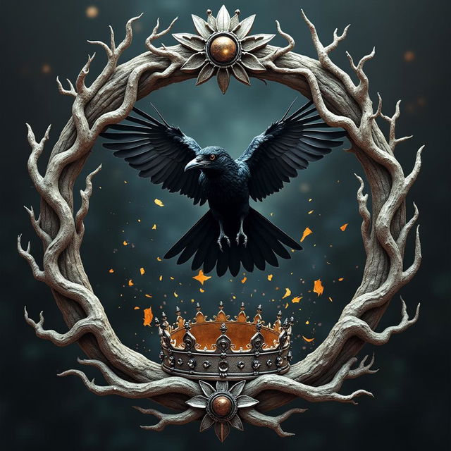 A captivating portrait of a crow in mid-flight, breaking through a witch's crown made of gnarled branches and adorned with mystical symbols