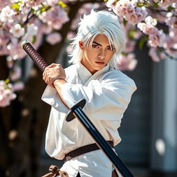 A young handsome man with striking white hair and vivid red eyes, confidently holding a traditional katana