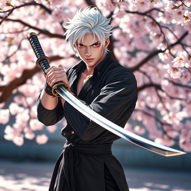 A young handsome man with striking white hair and vivid red eyes, confidently holding a traditional katana