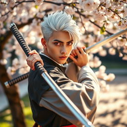 A young handsome man with striking white hair and vivid red eyes, confidently holding a traditional katana