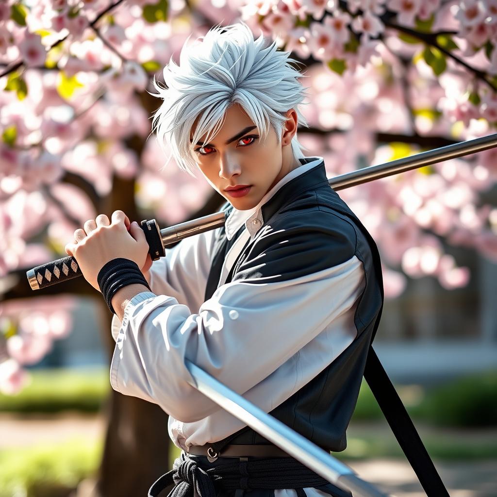 A young handsome man with striking white hair and vivid red eyes, confidently holding a traditional katana