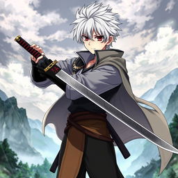 An anime scene featuring a young, handsome man with striking white hair and captivating red eyes