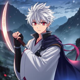 An anime scene featuring a young, handsome man with striking white hair and captivating red eyes