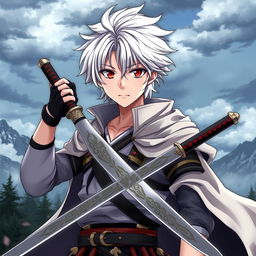 An anime scene featuring a young, handsome man with striking white hair and captivating red eyes