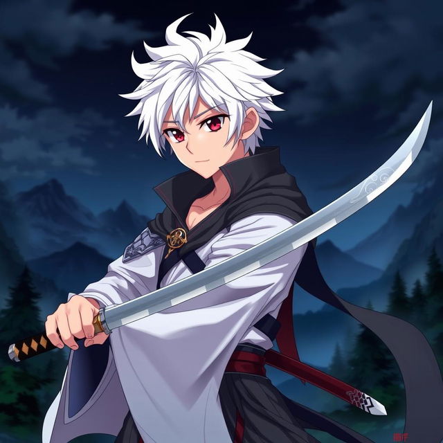 An anime scene featuring a young, handsome man with striking white hair and captivating red eyes