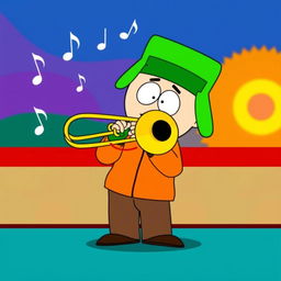 A cartoon-style image of Kyle from South Park playing a trombone passionately