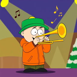 A cartoon-style image of Kyle from South Park playing a trombone passionately