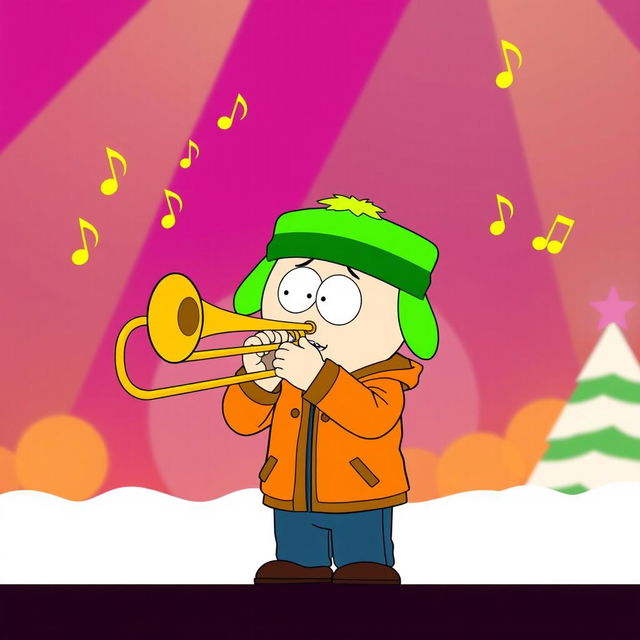 A cartoon-style image of Kyle from South Park playing a trombone passionately