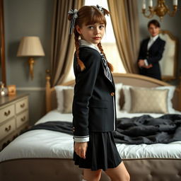 An ultra-realistic full-body portrait of a European schoolgirl with brown hair styled in braids, decorated with playful bows, and captivating green eyes