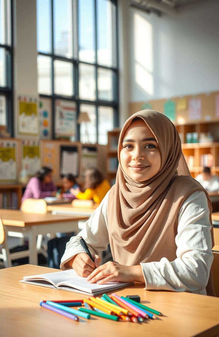 A young Muslim student sitting in a modern classroom, wearing a traditional hijab