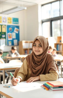 A young Muslim student sitting in a modern classroom, wearing a traditional hijab