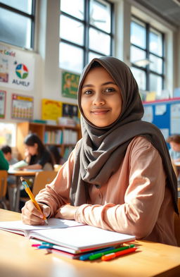 A young Muslim student sitting in a modern classroom, wearing a traditional hijab
