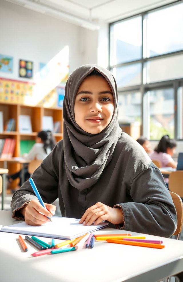 A young Muslim student sitting in a modern classroom, wearing a traditional hijab