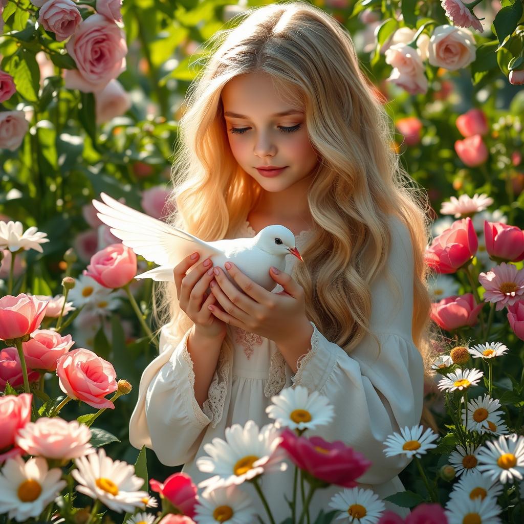 A beautiful girl of Slavic appearance with long, wavy blond hair, gently cradling a white dove in her hands