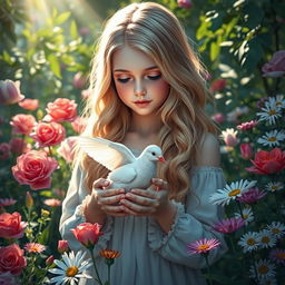 A beautiful girl of Slavic appearance with long, wavy blond hair, gently cradling a white dove in her hands