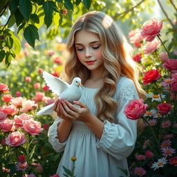 A beautiful girl of Slavic appearance with long, wavy blond hair, gently cradling a white dove in her hands