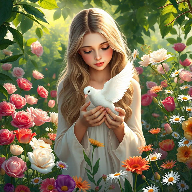 A beautiful girl of Slavic appearance with long, wavy blond hair, gently cradling a white dove in her hands