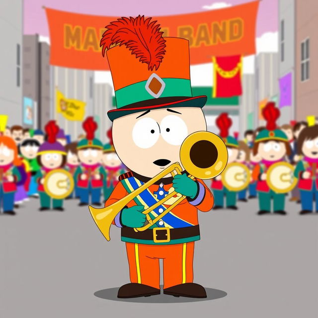 A cartoon-style image of Kyle from South Park as a member of a marching band