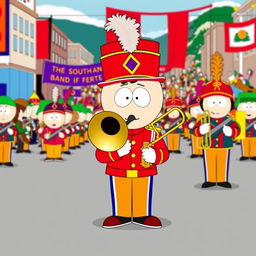 A cartoon-style image of Kyle from South Park as a member of a marching band