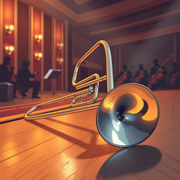 A detailed illustration of a shiny trombone resting on a wooden stage, reflecting warm stage lights